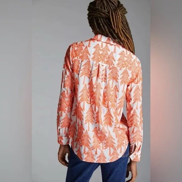 Maeve by Anthropologie Tree Embroidered Roll Tab Sleeve Blouse in Orange 4 - Picture 2 of 10
